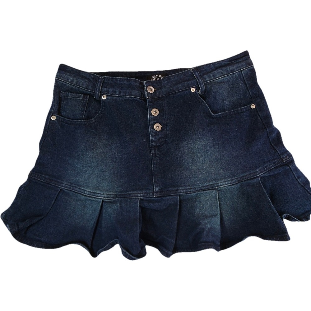 Social Collision Denim Skirt Women XL Blue Star Embroidery Pleated Hem